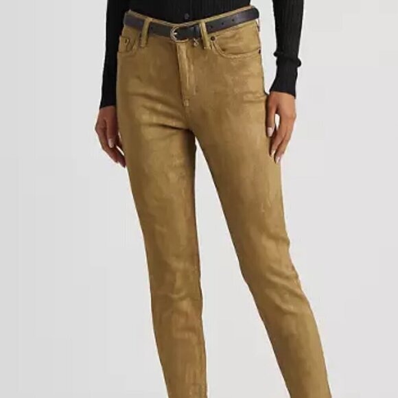 Ralph Lauren Skinny Ankle Jeans Women's Size 0 Gold Metallic High Rise Coated - Picture 1 of 12